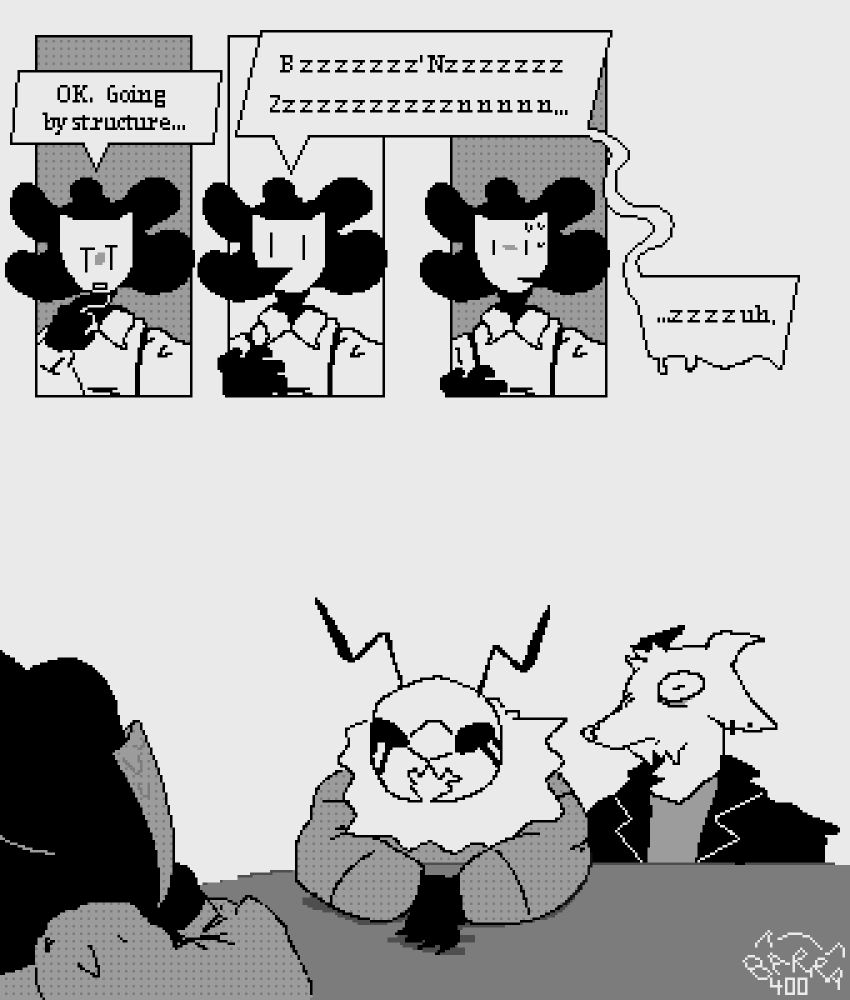 3 panels align. The first showing Josephine, in a pensive pose, as she mutters: "OK. Going by structure..." In the second one, she speaks, vocalizing wasps noises, leading into the last panel, as she looks distressed, the dialogue bubble starting to melt. The next panel shows Swapx and Isaak, the latter bug eyed.