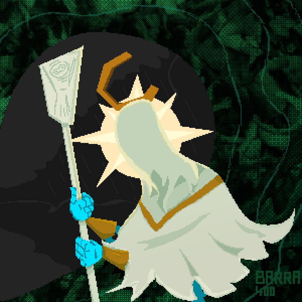 A pixel art of The Ferryman from ULTRAKILL (a blue skeleton covering their head with a white and gold rugged cloth) holding their oar. A sphere of light surrounds their head, mimicking an halo. The background consists of a wave full of people and a sky in tempest.