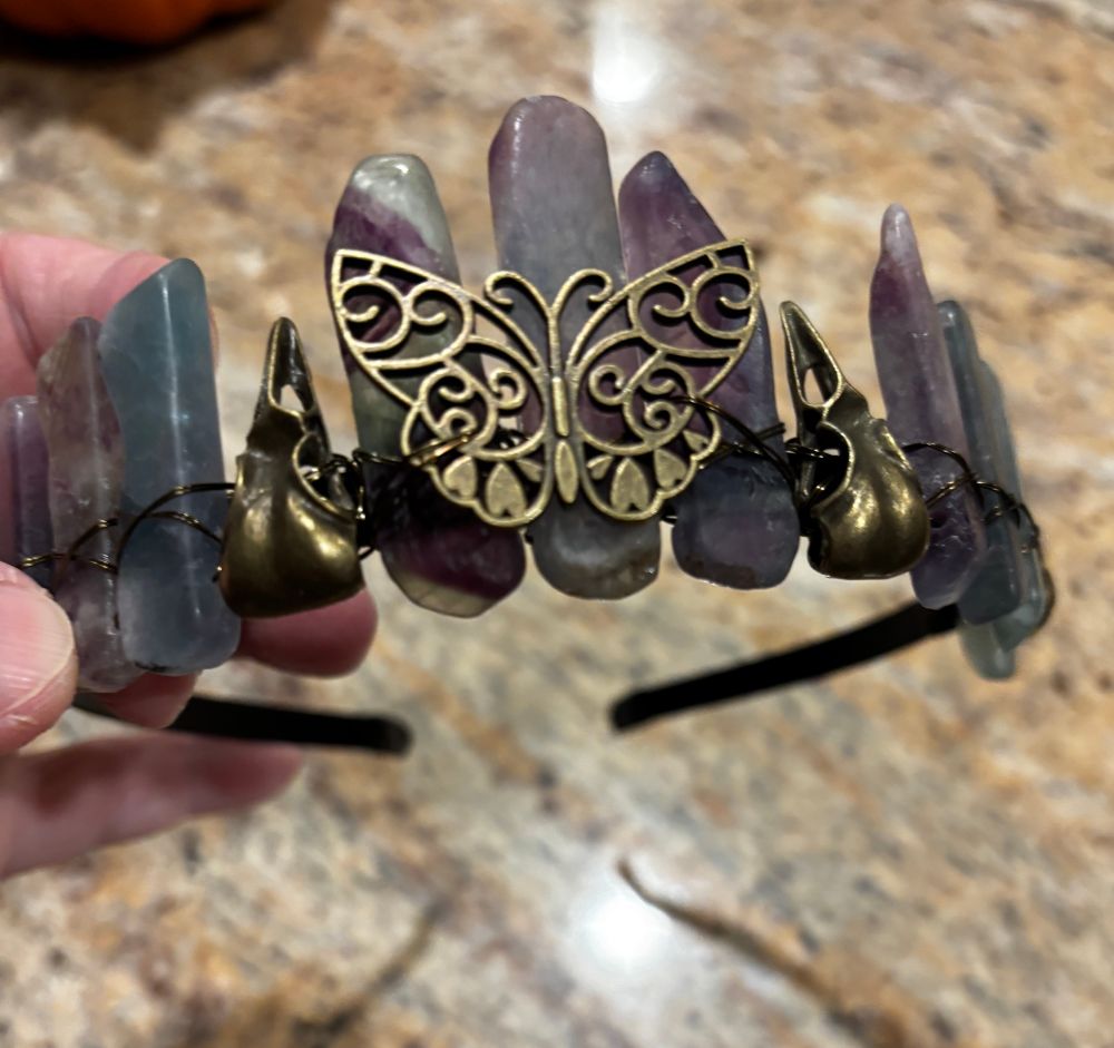 Rainbow fluorite tiara with brass butterfly and crow heads