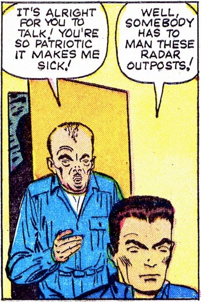 Steve Ditko panel, early 60s Marvel. Man says to another: "You're so patriotic it makes me sick." 