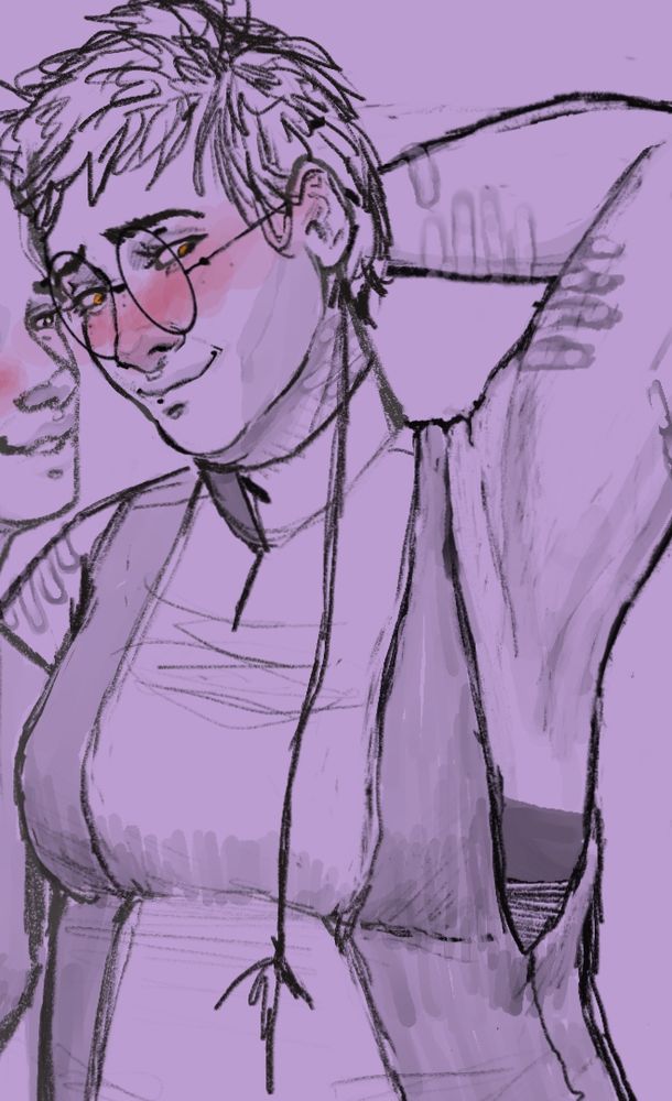 A digital drawing on a purple background. It features a woman who is bigger. Her uniform is more filled out and the design has changed to remove the buttons. She has very short dark hair and a long string of hair that hands down. Hey arm is behind her head and she looks bashful