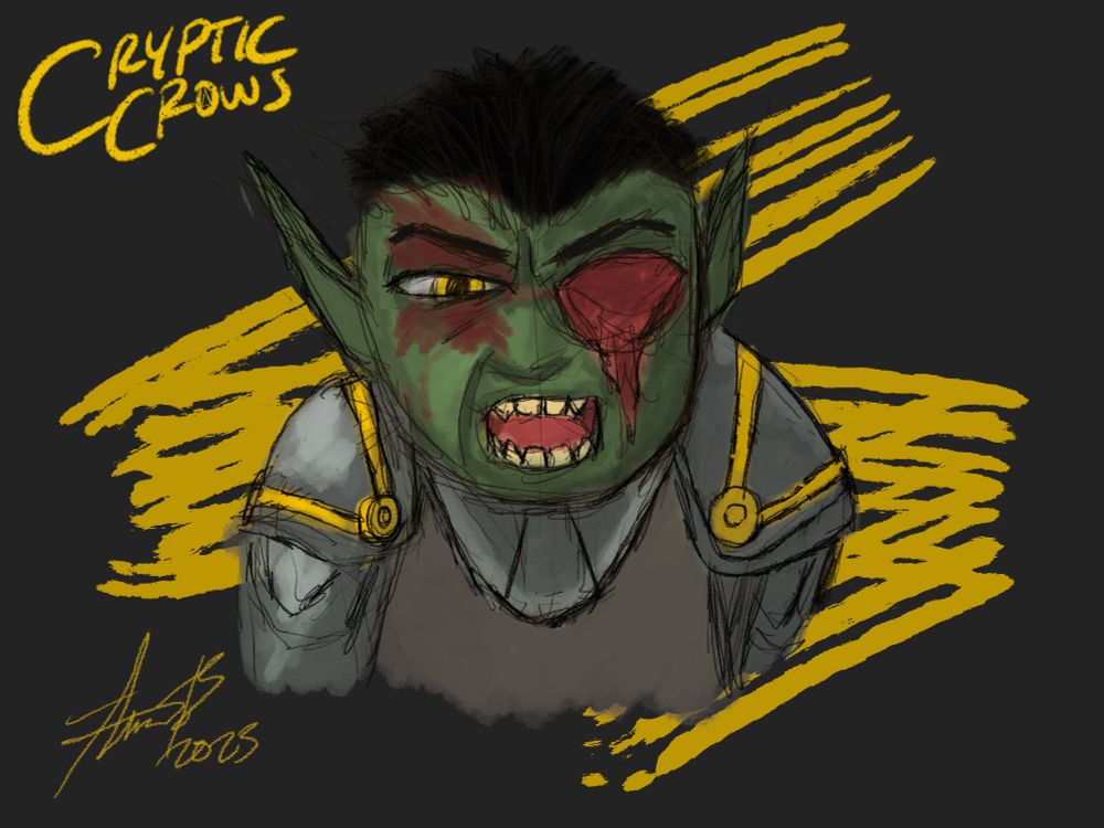 My goblin paladin Hrtz covered in blood and with one eye freshly gone, screaming in anger.