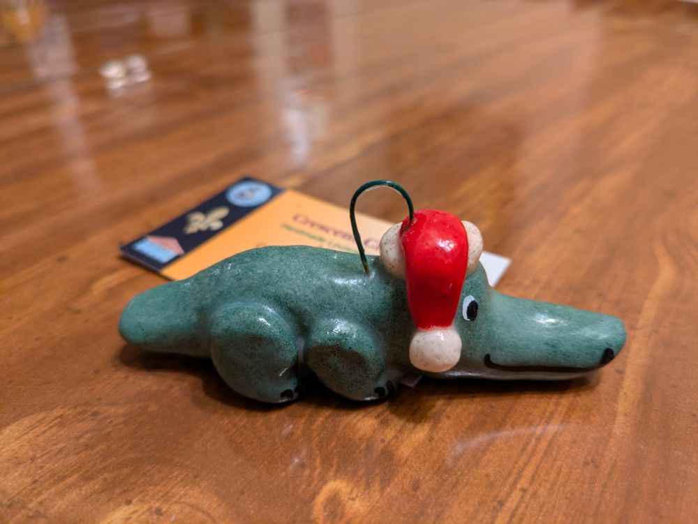 An adorable alligator wearing a Santa cap