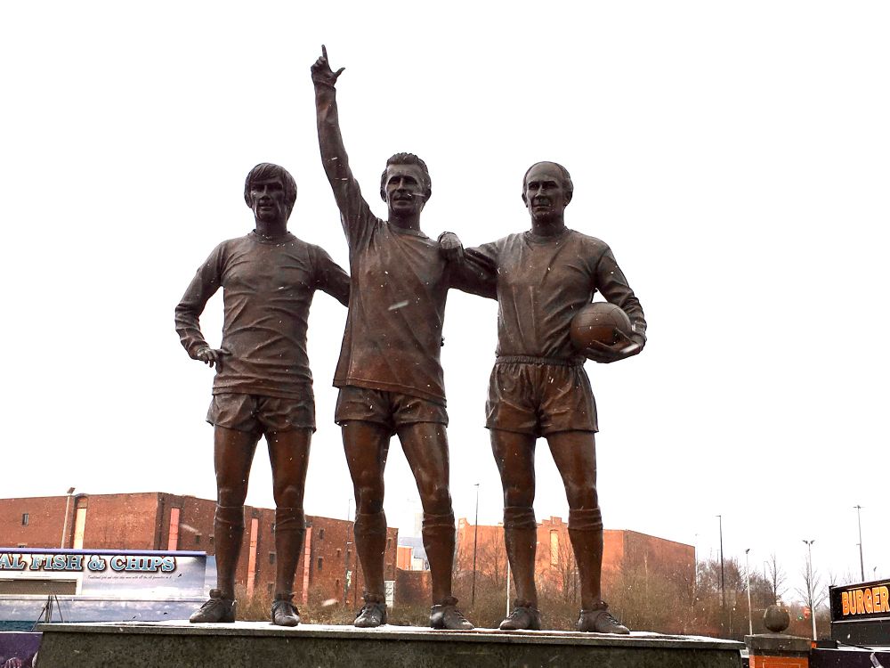 The statue of George Best, Denis Law and Bobby Charlton - Manchester United’s Holy Trinity - outside Old Trafford. 