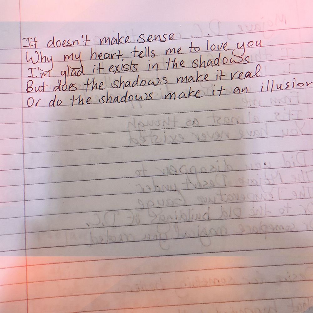 It doesn't make sense
Why my heart tells me to love you
I'm glad it exists in the shadows
But does the shadows make it real
Or do the shadows make it an illusion 
By IG etceraenoughpoetry 