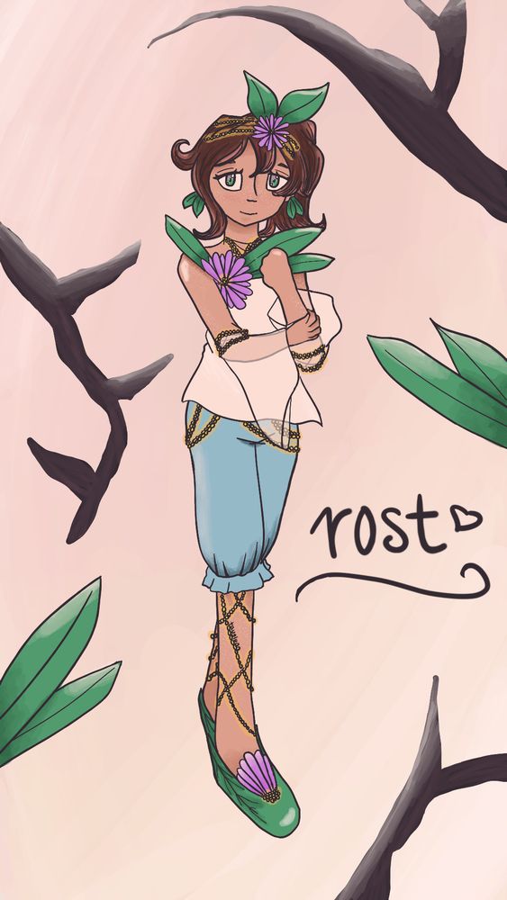 digital drawing of shmoopycamp's oc rost, wearing an aster and goldenrod-based headband on their brown hair updo, a white tank top with an aster and leaves, detached sleeves, light blue pants, and aster and leaf shoes. goldenrod chains decorate their sleeves and belt, and give the illusion of socks. rost holds a closed fist to their neck and appears tentative but kind (maybe).