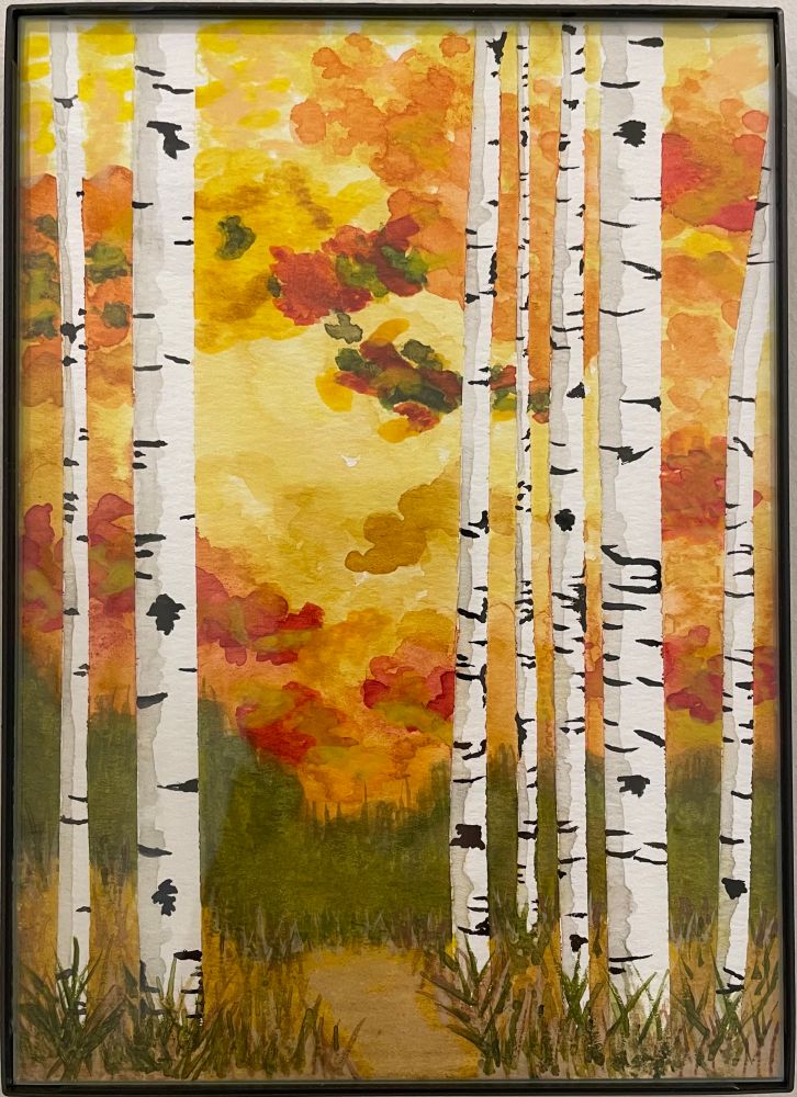 Birch trees in the fall. 
Made by taping strips to create the white space then removing the tape and adding the gray shadow and black specks. 
This one took much longer. 