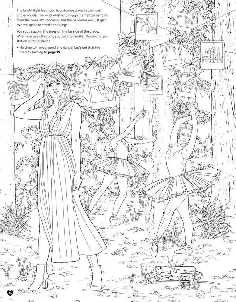 An illustration of Taylor Swift standing in a forest. Polaroids hang on strings attached to the trees while ballerinas dance in the background.