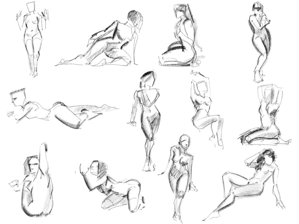 A series of nude sketches of women in various life drawing poses.