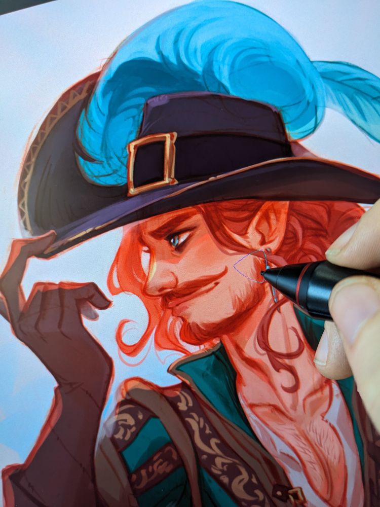 Photo of my tablet with work in progress "sketch" of a pretty redhead half elf.