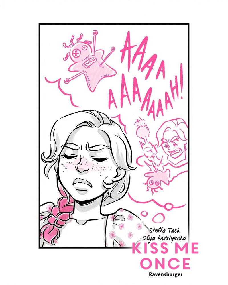 Drawing from "Kiss Me Once - the graphic novel" showing the main character Ivy grumpy and imagining stabbing a voodoo doll.