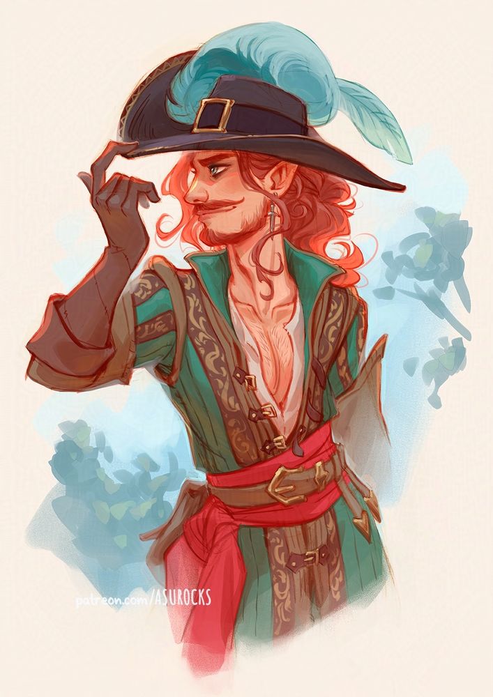 Mixed media portrait of my swashbuckler rogue character, a half elf with wavy red hair.