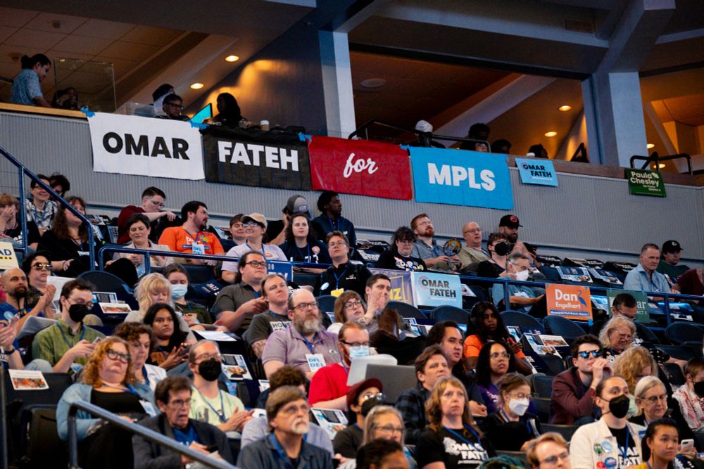 Omar Fateh for MPLS banner hanging outside of the candidate's box above the convention floor.