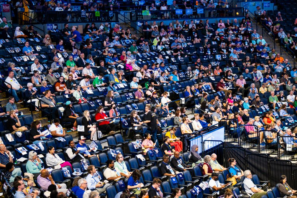 Photo of the delegates sitting on the Convention floor.
