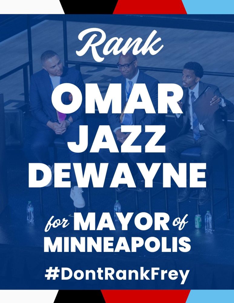 Rank Omar, Jazz, DeWayne for Mayor of Minneapolis. #DontRankFrey. 

Background: Jazz Hampton, DeWayne Davis, and Omar Fateh sitting on stage at the Target Center during Q&A. Omar Fateh is speaking into his microphone and holding a binder.