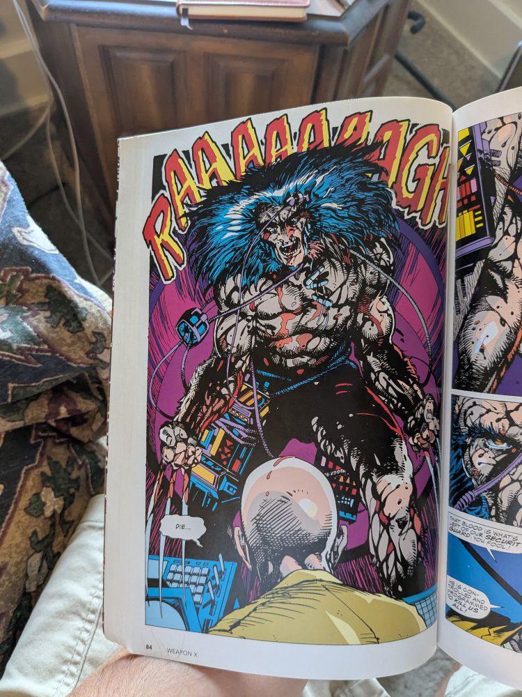 Wolverine going "Raaaaaagh!", all decked out in cybernetic doohickeys. From Barry Windsor-Smith's Weapon X (1991).