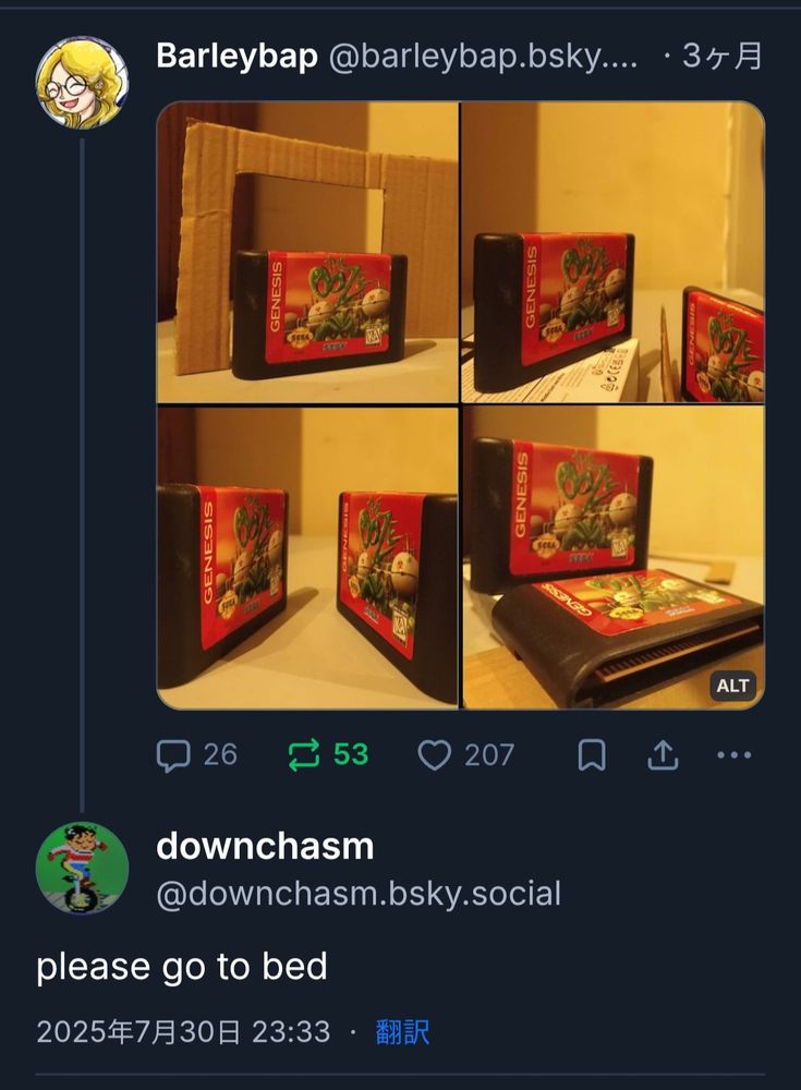 Screenshot of me posting an image of a reenactment of the famous CTL-ALT-DEL comic Loss. Downchasm is responding and saying "please go to bed".