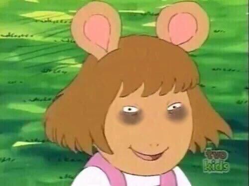 a meme of DW from Arthur smiling weirdly with massive dark circles under her eyes