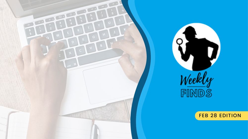 Person typing on keyboard with a decorative image on the right side showing a woman looking through a magnifying glass.