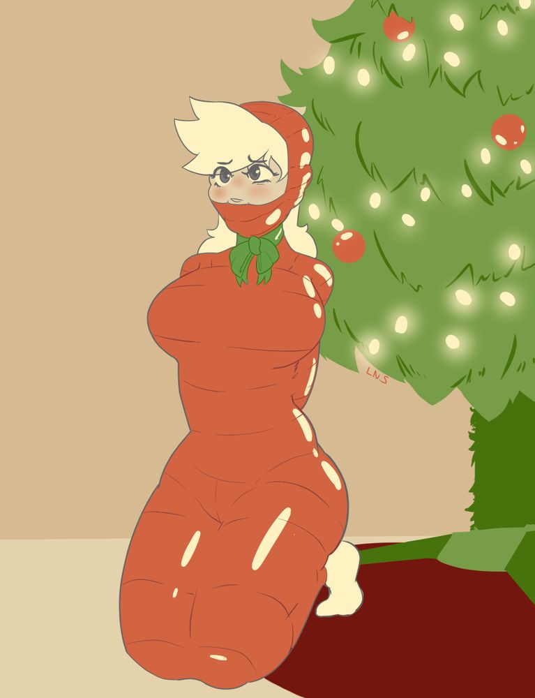 Image portrays OC Sixx mummified in shiny red tape. The upper half of her face is uncovered as she wears a makeshift Gwendoline-styled hood.