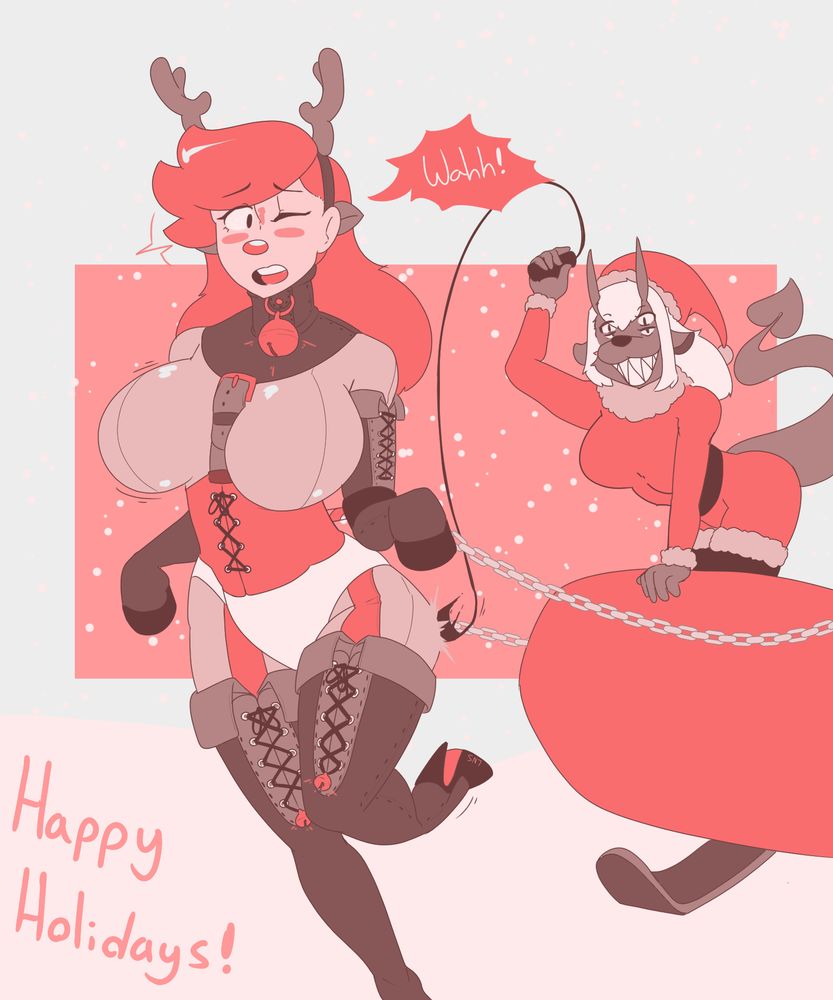Illustration portrays OC sixx in bondage gear, pulling a sleigh. She is wearing a headband with little antlers and pointy ears meant to resemble a reindeer. In the sleigh is OC, Ophelia, in a Santa Claus outfit, and she is cracking a whip towards Sixx while she protests.
It says "Happy Holidays!" at the bottom of the illustration.