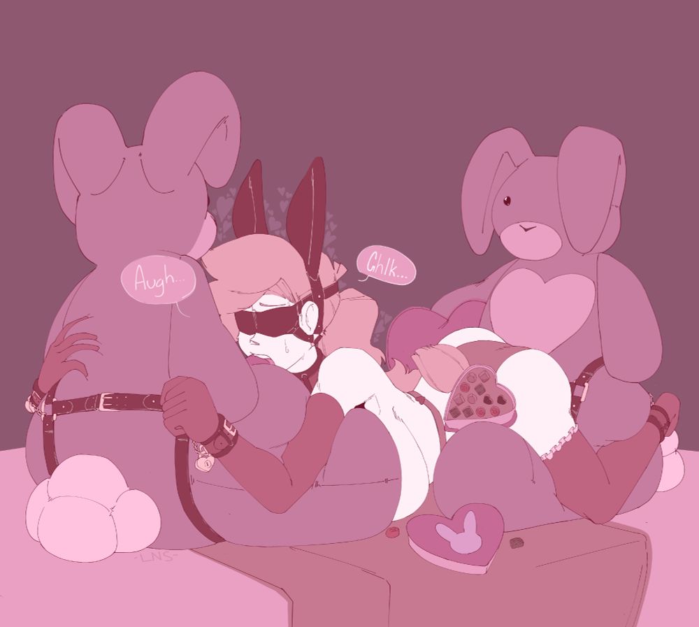 An illustration portraying OC Sixx bound between two large bunny plush toys, made to embrace the both of them with her restrained limbs. She's dressed in frilly pink lingerie and wears a leather blindfold with attached bunny ears.