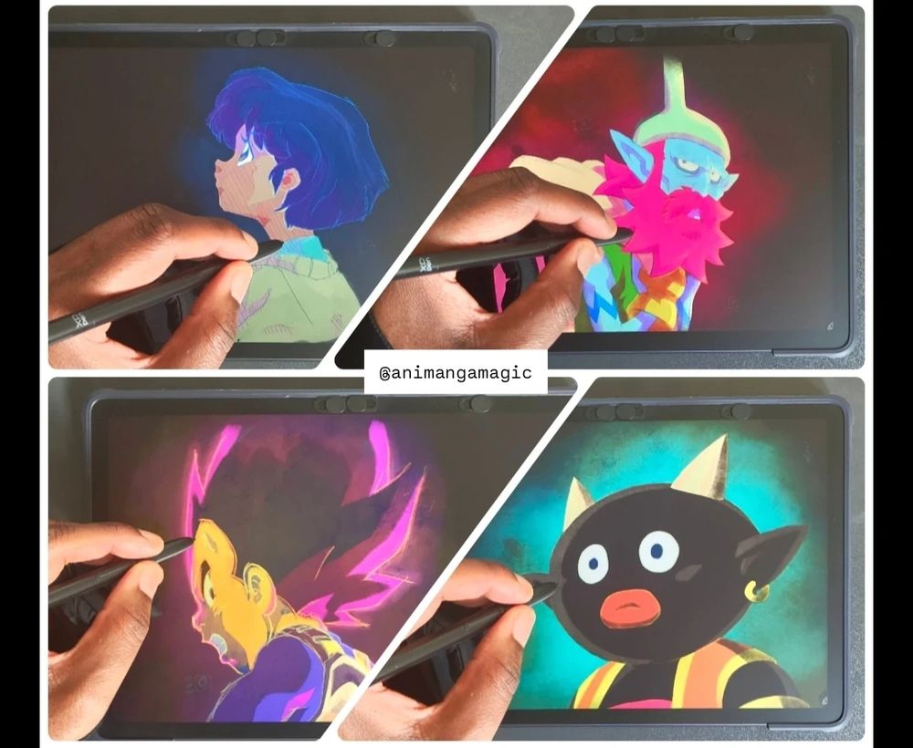 This images displays point of view pictures of AM²'s fan arts of Akame from Ranma ½, and 3 others character from the DragonBall franchise such as Vegeta and Mr Popo.

This post is an invitation for beginners to connect with AM² and learn to draw and animate through the lense of manga and japanimation in general. 