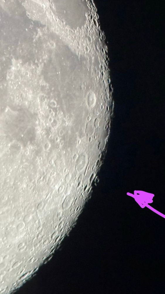 Left side of picture part of the curved edge of the moon against pitch black background. 
The line is not smooth but shows different structures. An added pink arrow points to a little detail at the lower right edge/ terminator of the moon. 