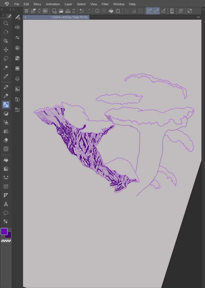 A screenshot of clip studio paint, specifically of a grey canvas with intricate purple mushrooms