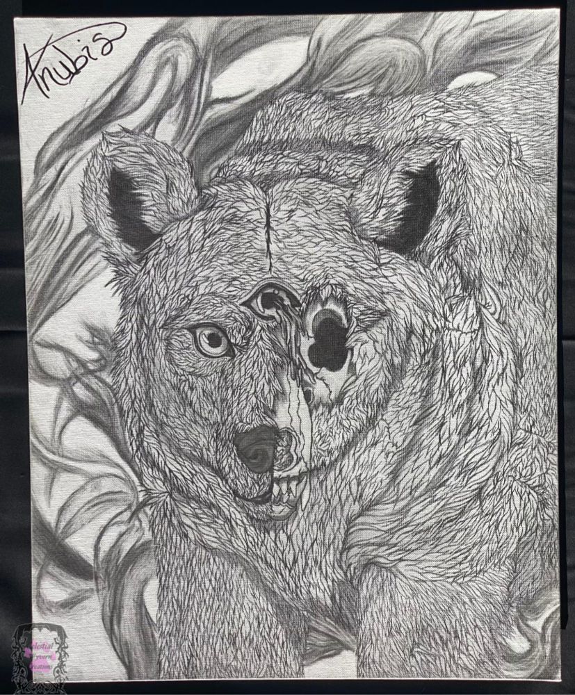 A traditional artwork of a grizzly bear with a dripping third eye and an exposed skull as smoke rises in the background around it