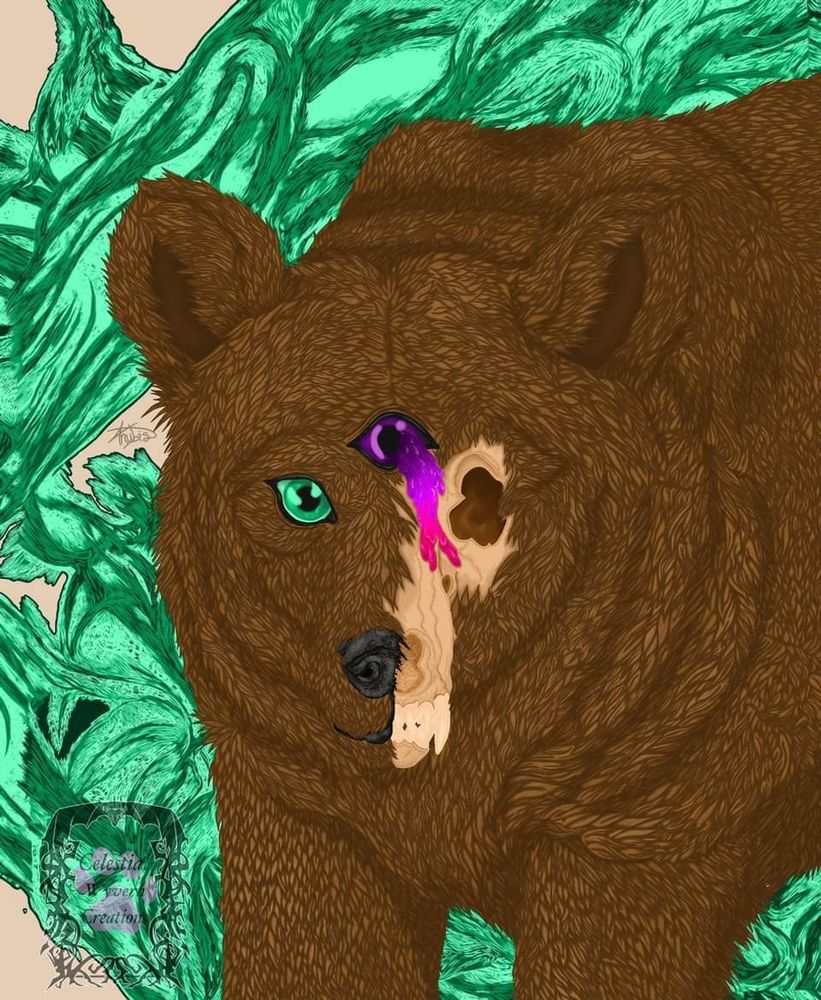 A digital piece, featuring the same grizzly bear piece from earlier in this post, this bear is now rendered with color.

The piece is of a brown grizzly bear, with green eyes. There is a third eye that is purple that melts down the grizzly's face, as it melts it turns from purple to pink. A portion of the bear's face is removed revealing the skull underneath. Green smoke surrounds the bear in the background.