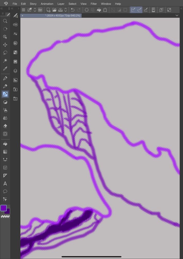A screenshot of clip studio paint, specifically a close up of a grey canvas with intricate purple mushrooms