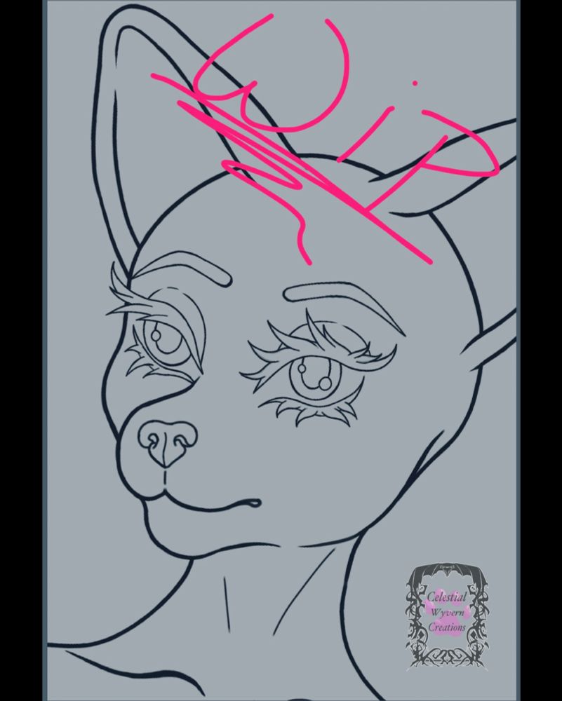A close-up screenshot of a digitally drawn image, the image is of a anthro cat character with the screenshot being focused on the cat's face. There is pink hand-written text that says "WIP" and is heavily underlined.