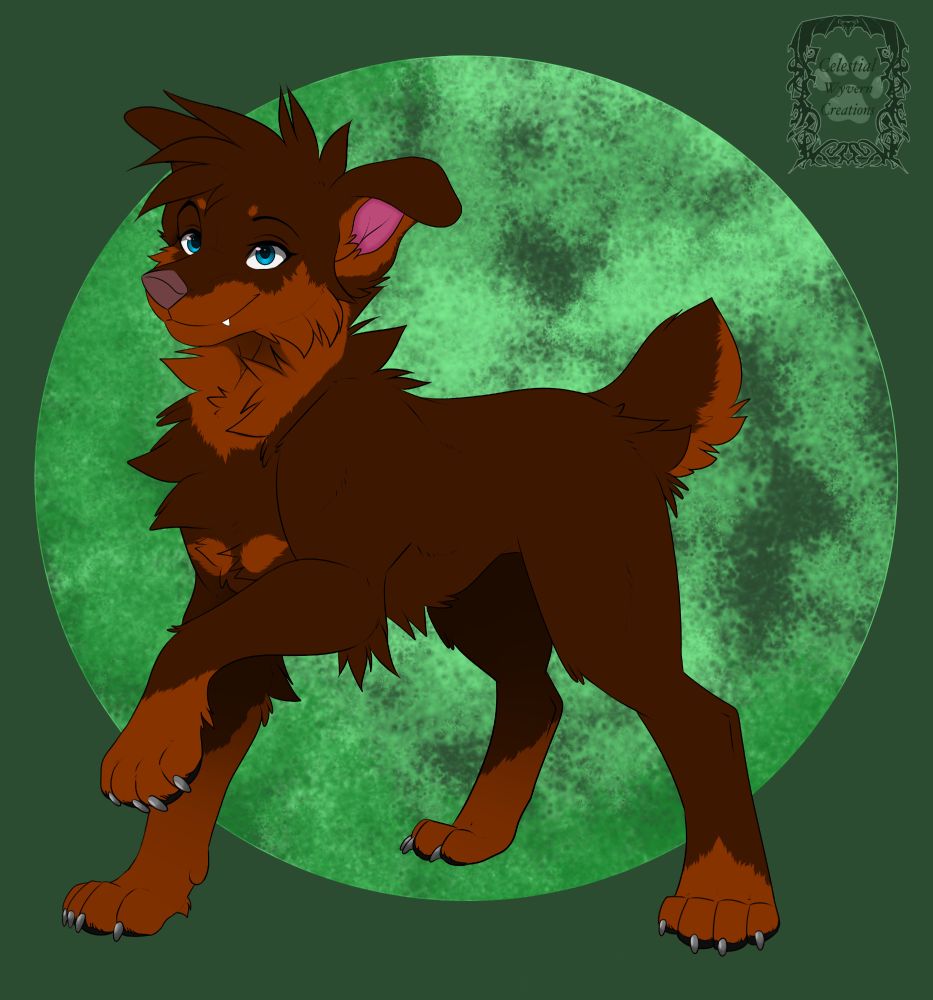 A dark brown/copper dog with blue eyes on a green moon background