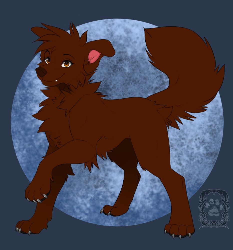 A red dog with brown eyes on a blue moon background