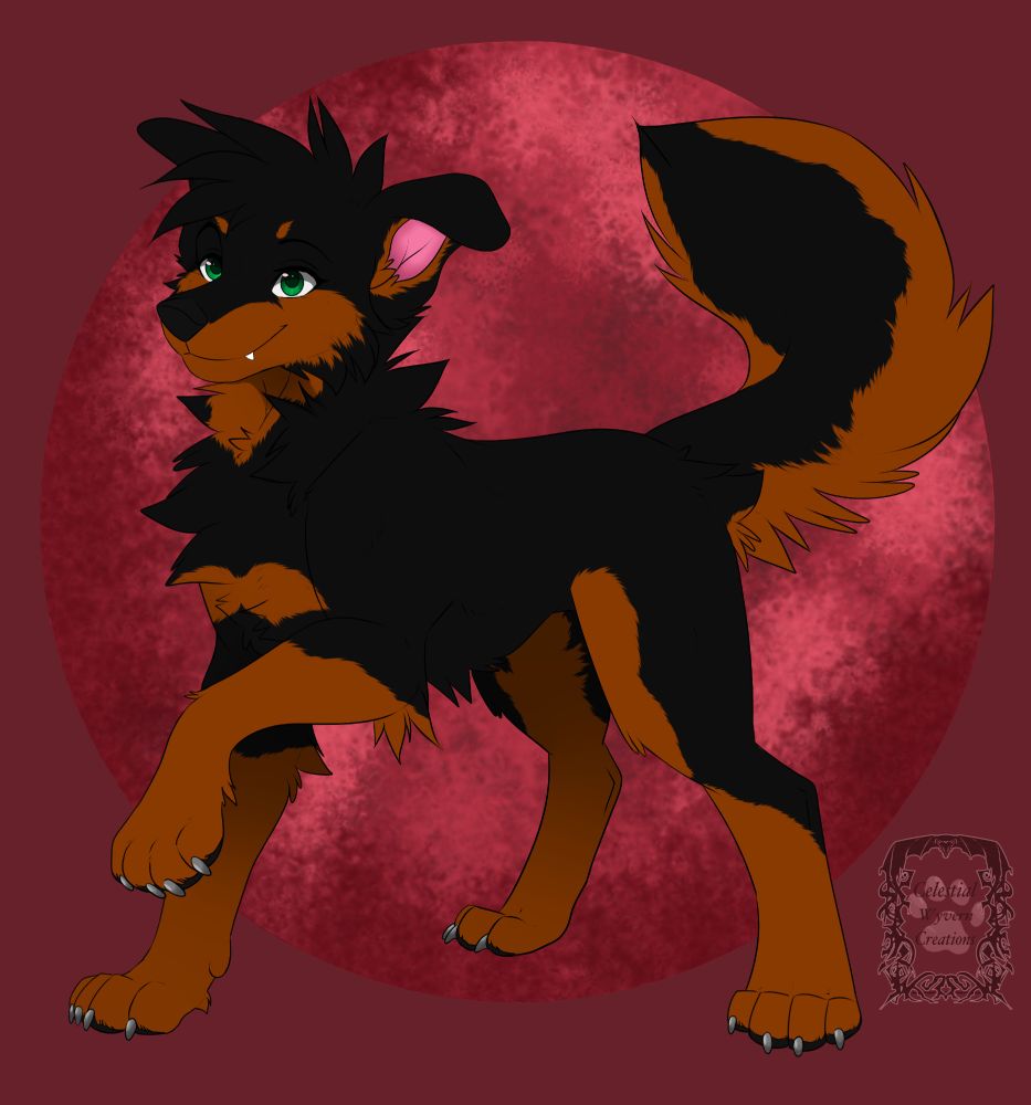 A brown and black dog with green eyes on a red moon background