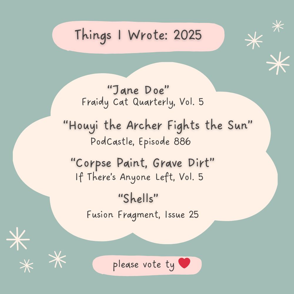 Things I Wrote: 2025

"Jane Doe"
Fraidy Cat Quarterly, Vol. 5

"Houyi the Archer Fights the Sun"
PodCastle, Episode 886

"Corpse Paint, Grave Dirt" 
If There's Anyone Left, Vol. 5

"Shells" 
Fusion Fragment, Issue 25 