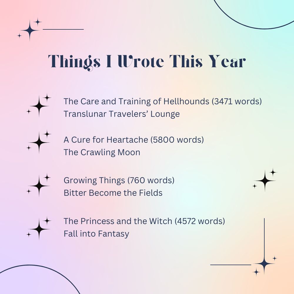 Things I Wrote This Year: 

The Care and Training of Hellhounds (3471 words) in Translunar Travelers' Lounge
A Cure for Heartache (5800 words) in The Crawling Moon
Growing Things (760 words) in Bitter Become the Fields
The Princess and the Witch (4572 words) in Fall into Fantasy
