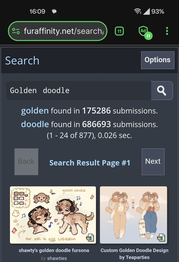 Screenshot of furaffinity search for "golden doodle"