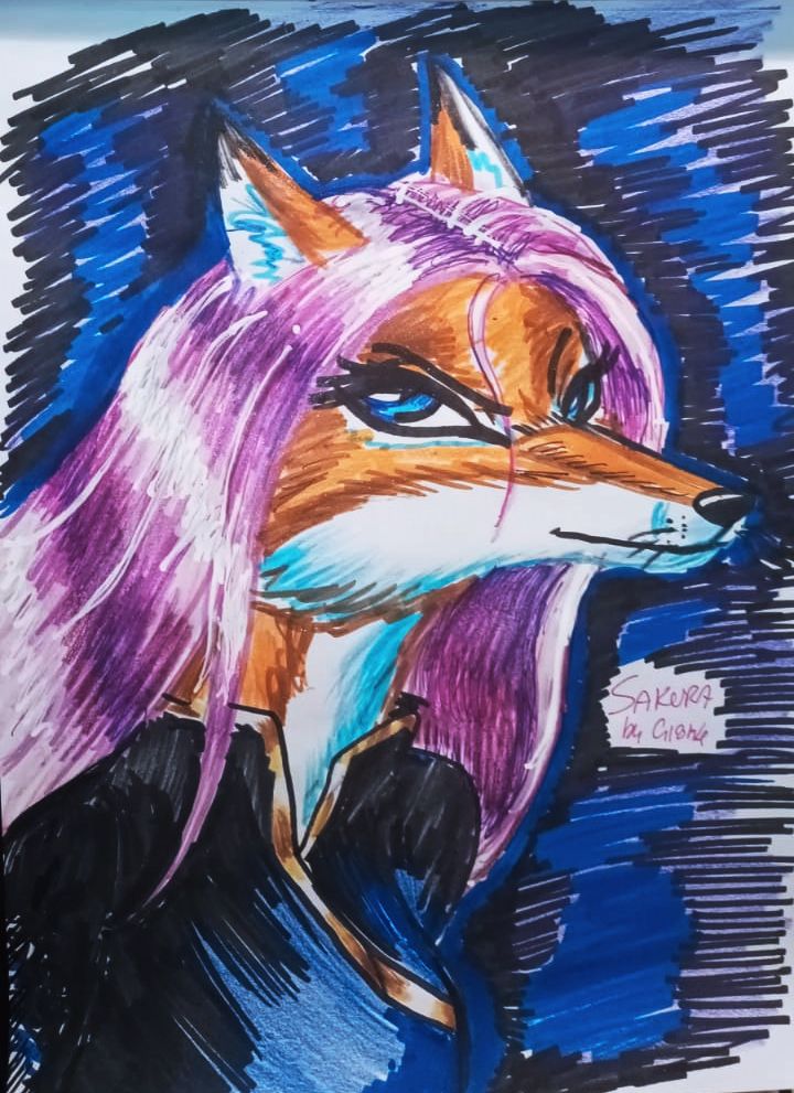 The image shows an anthro red vixen with long flowing pink hair and a amurai style black dress. Text reads "SAKURA by Cri8ive"