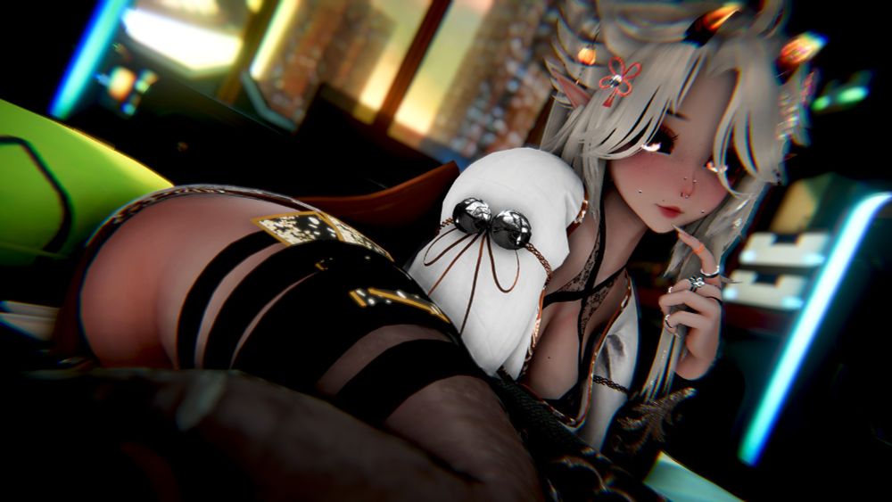 A virtual avatar laying down in a bed in a cyberpunk apartment.