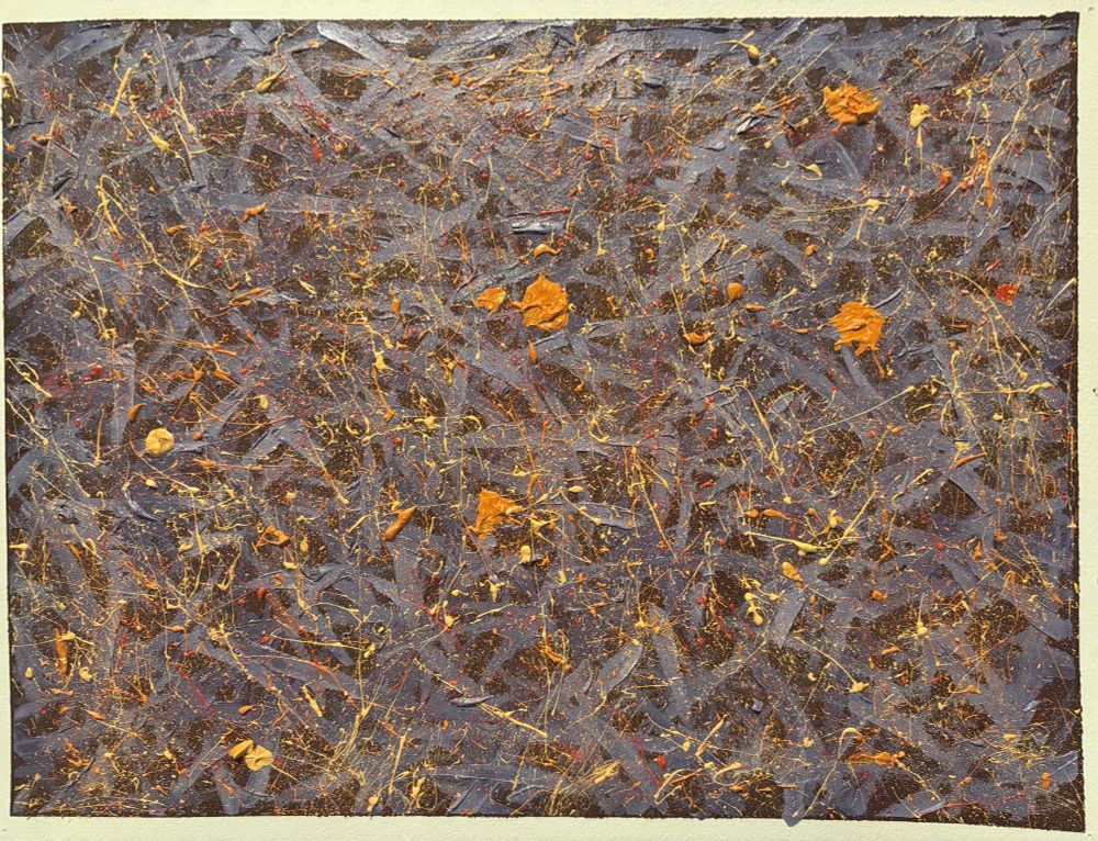 Abstract art consisting of a brown background, a layer of grayish purple lines that criss cross in a chaotic way. On top of that are different layers of the Jackson Pollok flicking of paint technique. The flicks of paint are in colors of yellow, light orange and dark orange.