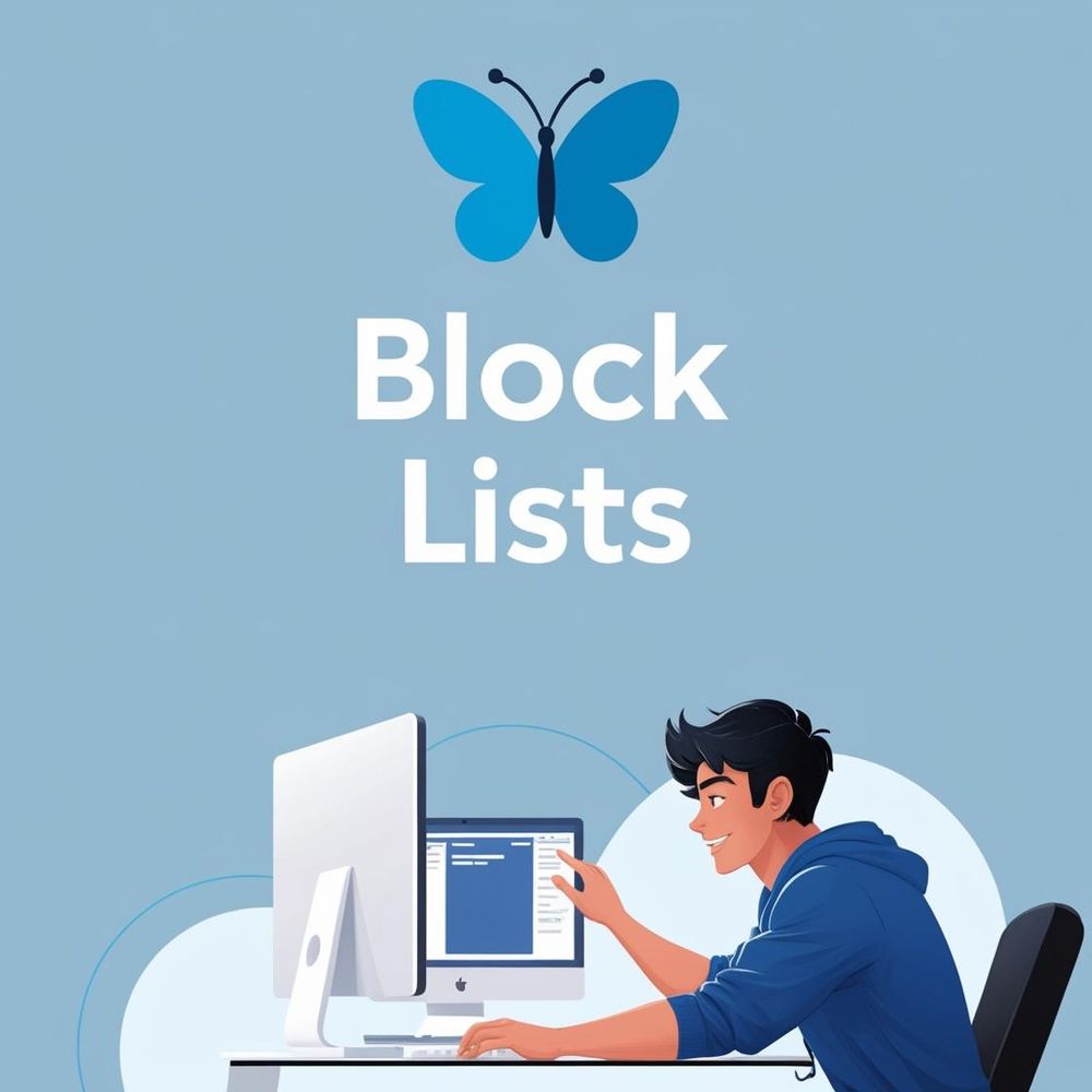 Imagen generada con canva que muestra una portada, con un chico sentado en su escritorio, con el ordenador, y un logo de bluesky con su mariposa característica.