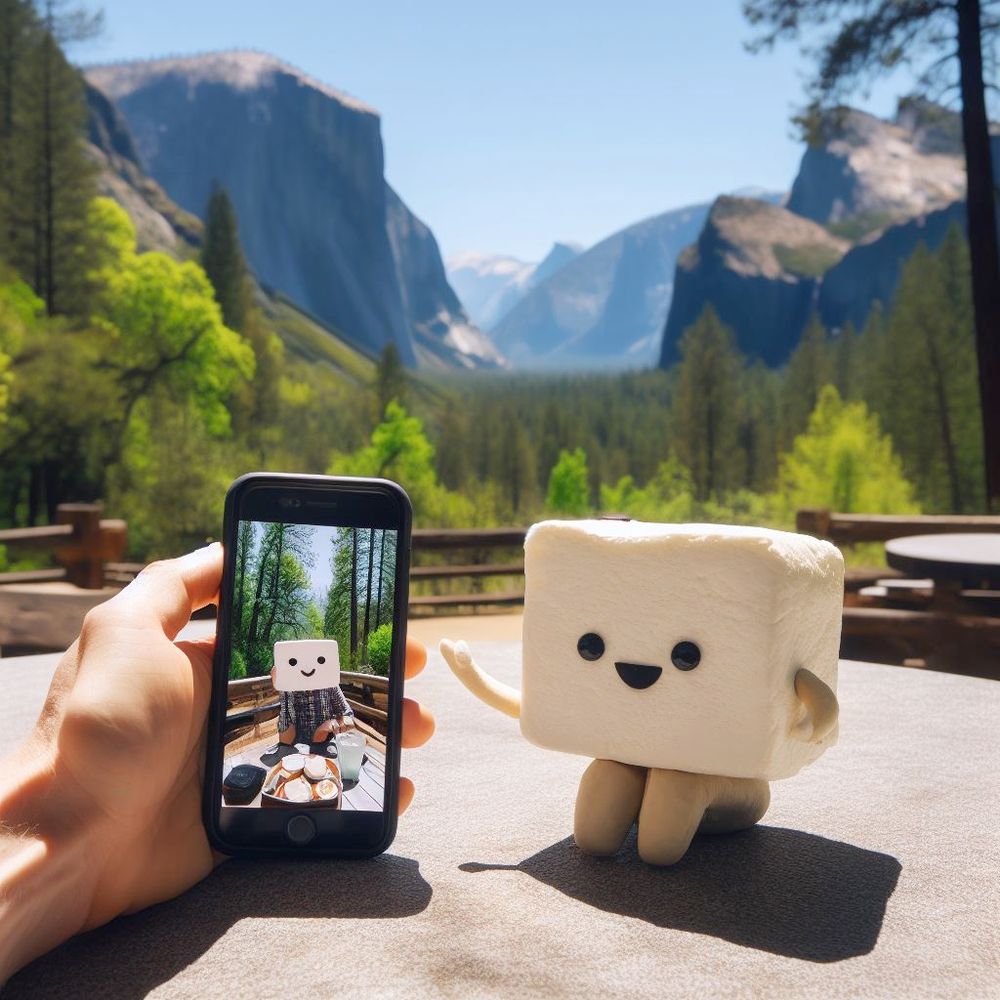 A man in sitting in a cafe in yosemite national park holding an iphone, video chatting with a tofu creature