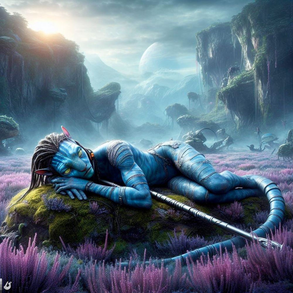 Na'vi sleeping with a rod in a bed of heather on the planet pandora