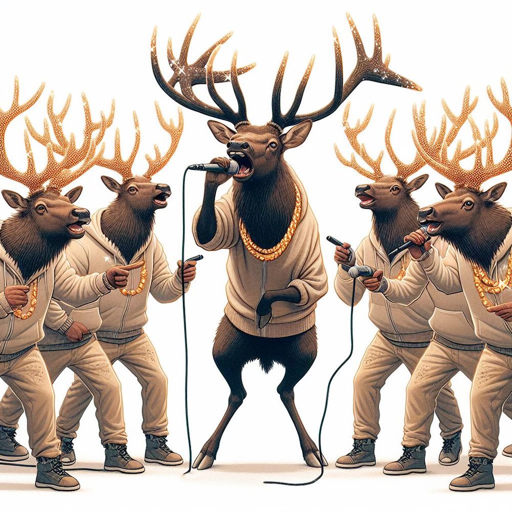A group of sparkly elk engaged in a rap battle.