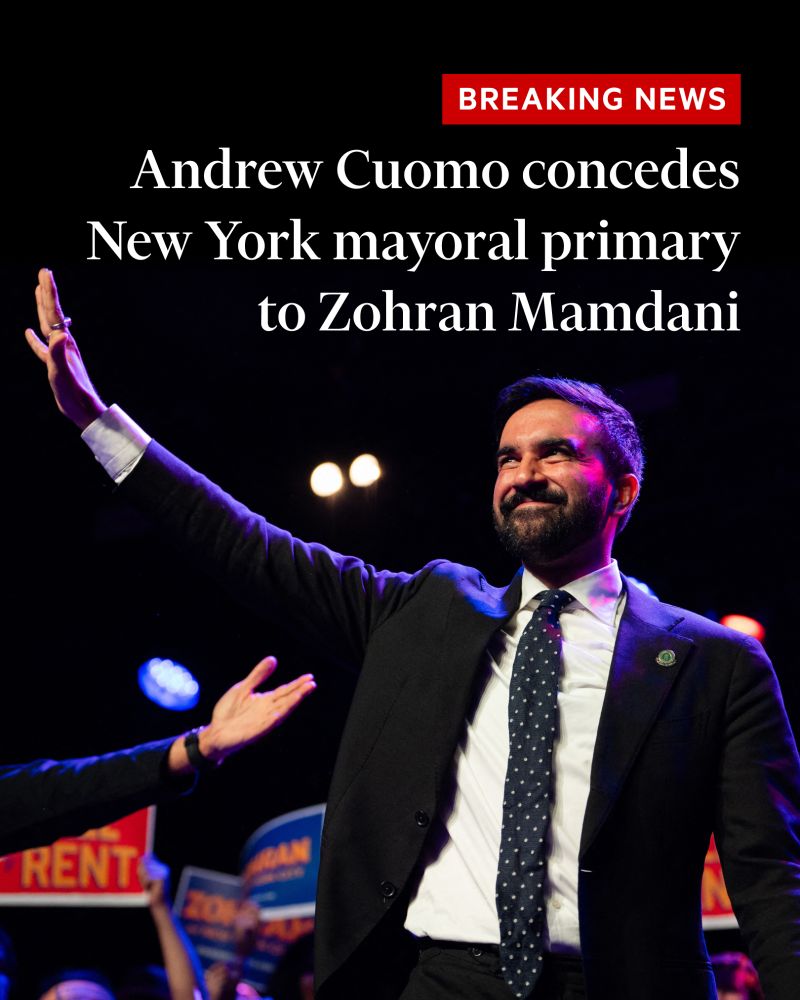Zohran Mamdani. Overlaid text reads: Breaking news - Andrew Cuomo concedes New York mayoral primary to Zohran Mamdani