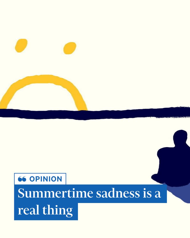 Ben Hickey illustration of a person watching the sun, which is depicted as an unhappy face, sinking below the horizon