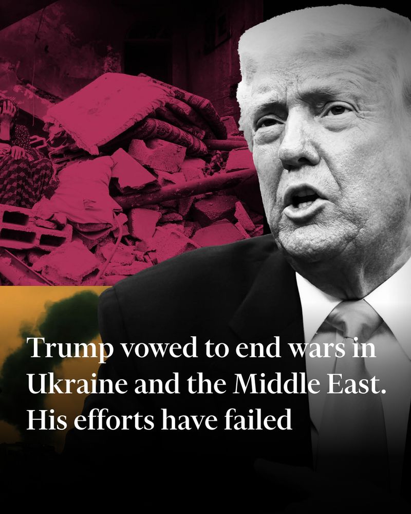 A collage with Donald Trump and two images of war-torn Ukraine and Gaza. Headline text reads: ‘Trump vowed to end wars in Ukraine and the Middle East. His efforts have failed’.