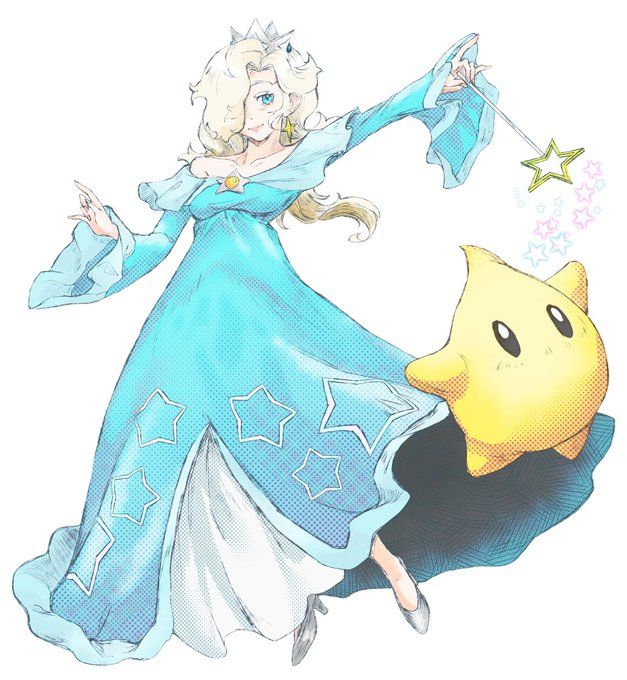A recreation of Rosalina and Luma render from Super Smash Bros Ultimate. Rosalina is floating in a white background, holding her magic wand with her left hand and looking at a yellow Luma in front of her. The Luma follows her wand that is emitting cyan, purple and pink stars.